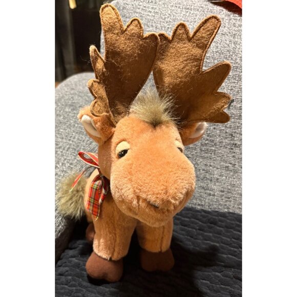 Russ Holiday Christmas Plush Moose Stuffed Animal With Plaid Bow 6200 Brown & Ta - Picture 1 of 8